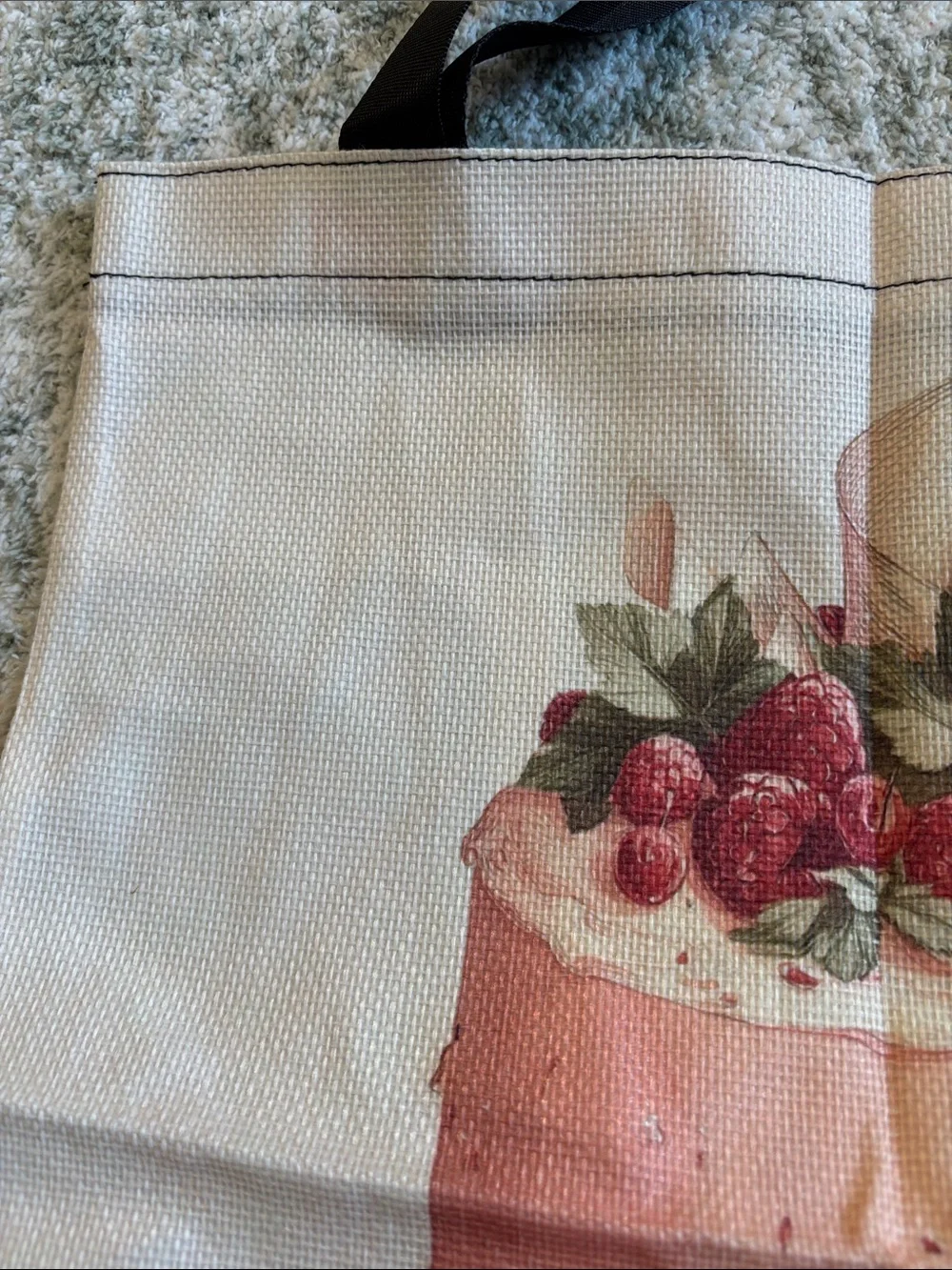 Pink Raspberry Cake Poly Canvas Tote Bag with Black Straps NWT 13.50x15.75”